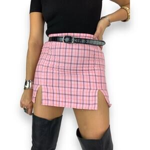 Vintage pink and orange plaid mini skirt with double slits
